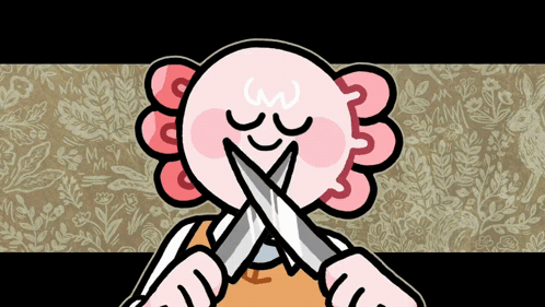 A Cartoon Character Is Holding Two Knives In His Mouth GIF