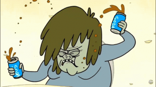A Cartoon Character Is Holding Two Soda Cans In His Hands GIF