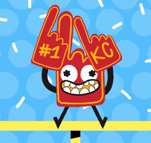 A Cartoon Character Is Holding Up Foam Fingers That Say # 1 And Kc GIF