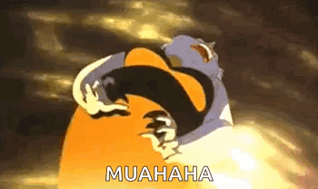 A Cartoon Character Is Hugging Another Cartoon Character With The Words `` Muahaha '' Written On It . GIF