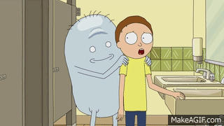 A Cartoon Character Is Hugging Another Character In A Bathroom With Makeagif.com At The Bottom GIF