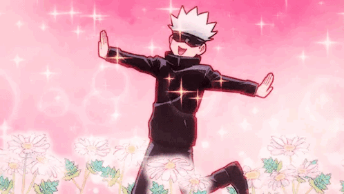 A Cartoon Character Is Jumping In The Air In Front Of A Field Of Daisies . GIF