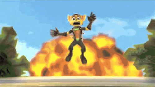 A Cartoon Character Is Jumping In The Air In Front Of A Huge Explosion GIF