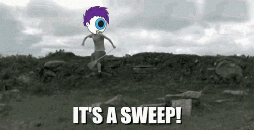 a cartoon character is jumping in the air with the words " it 's a sweep " behind him