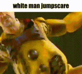 a cartoon character is jumping in the air with the words `` white man jumpscare '' written above him .
