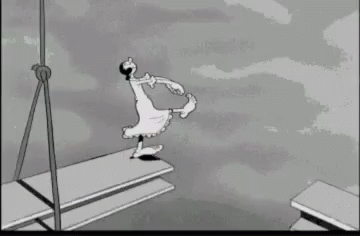 A Cartoon Character Is Jumping Over A Bridge In A Black And White Drawing . GIF