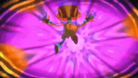 A Cartoon Character Is Jumping Through A Purple Circle . GIF