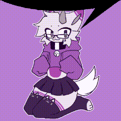 a cartoon character is kneeling down and wearing a purple hoodie and a black skirt .