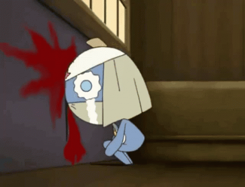 A Cartoon Character Is Kneeling Down In Front Of A Wall With Blood On It GIF
