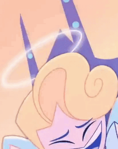 A Cartoon Character Is Laughing With A Sword In Her Hair . GIF
