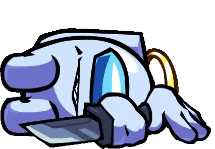 a cartoon character is laying down with a knife in his hand and a ring on his finger .
