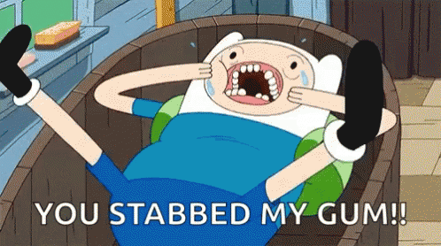 A Cartoon Character Is Laying In A Barrel With The Words " You Stabbed My Gum " Written Below Him GIF
