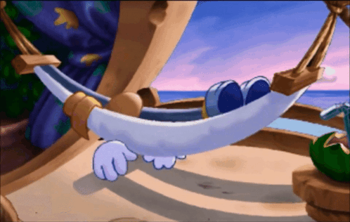A Cartoon Character Is Laying In A Hammock With A Sunset In The Background GIF