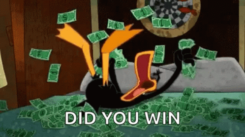 Cartoon Laying On Bed Surrounded By Money And Dartboard GIF