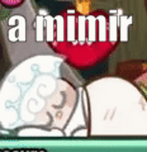 A Cartoon Character Is Laying On A Bed With A Heart In The Background And The Words `` A Mimir '' Written On It . GIF