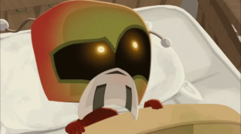 A Cartoon Character Is Laying On A Bed With A White Blanket GIF