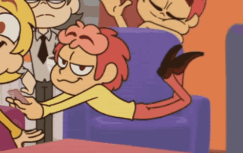 a cartoon character is laying on a couch and looking at his phone