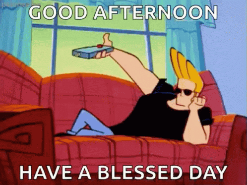 A Cartoon Character Is Laying On A Couch Holding A Remote Control And Says Good Afternoon Have A Blessed Day GIF