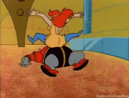 A Cartoon Character Is Laying On Another Character 'S Back While They Are Fighting Each Other . GIF