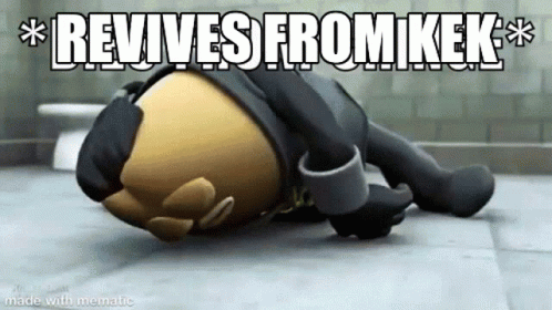 A Cartoon Character Is Laying On The Floor With The Words `` Revives From Kek '' Written On It . GIF
