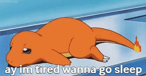 A Cartoon Character Is Laying On The Ground With The Words `` Ay Im Tired Wanna Go Sleep '' Written On It . GIF