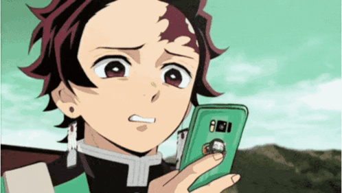 a cartoon character is looking at a cell phone with the number 6 on it