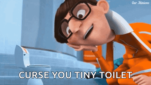 a cartoon character is looking at a toilet with the words curse you tiny toilet below him