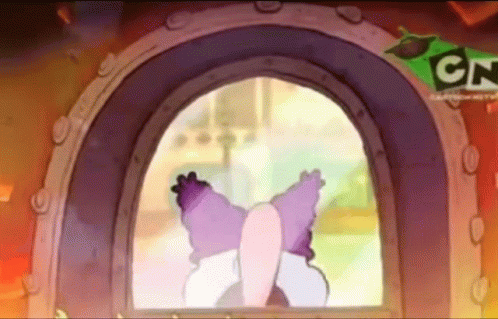 A Cartoon Character Is Looking Out A Window With Cn Written On The Bottom GIF