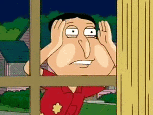 A Cartoon Character Is Looking Out A Window With His Hands On His Head GIF
