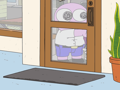 A Cartoon Character Is Looking Through A Door GIF