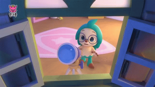 A Cartoon Character Is Looking Through A Telescope With A Pink Cat On The Bottom Right GIF