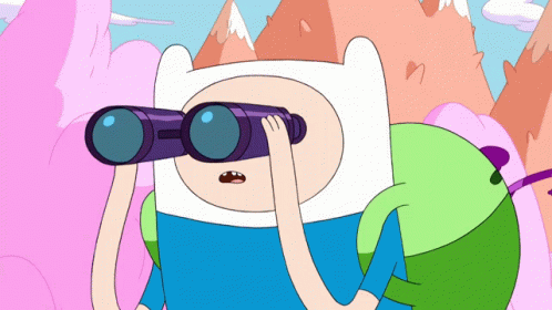 A Cartoon Character Is Looking Through Binoculars With Mountains Behind Him GIF