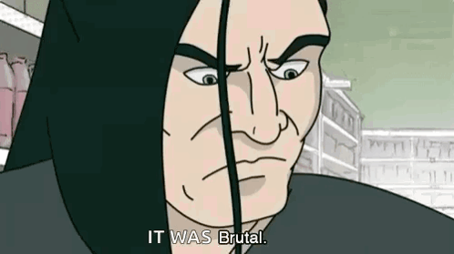A Cartoon Character Is Making A Funny Face And Saying `` It Was Brutal '' In Front Of A Store . GIF
