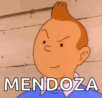 A Cartoon Character Is Making A Funny Face And The Word Mendoza Is On His Chest . GIF