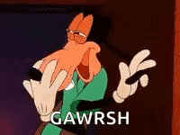 A Cartoon Character Is Making A Peace Sign With His Hands And The Words `` Gawrsh '' Written Below Him . GIF