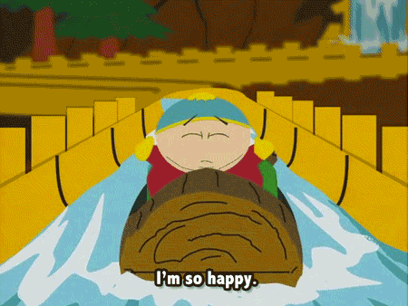 A Cartoon Character Is On A Roller Coaster And Says " I 'M So Happy " GIF