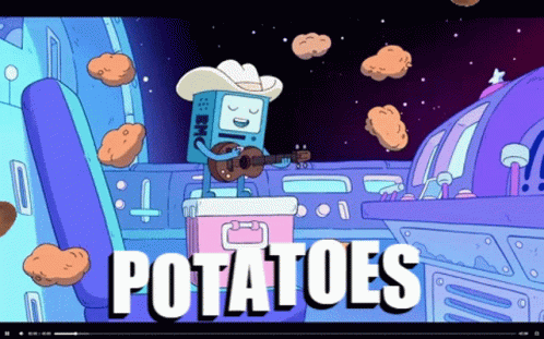 A Cartoon Character Is Playing A Guitar And The Words Potatoes Are Below Him GIF