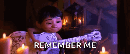 A Cartoon Character Is Playing A Guitar In A Dark Room With Candles And The Words `` Remember Me '' . GIF