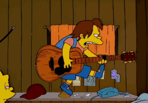 A Cartoon Character Is Playing A Guitar In A Room With A Towel That Says ' I 'M Sorry ' GIF