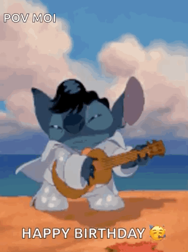 A Cartoon Character Is Playing A Guitar On The Beach And Says Happy Birthday GIF