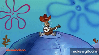 a cartoon character is playing a guitar on top of a spongebob squarepants globe .