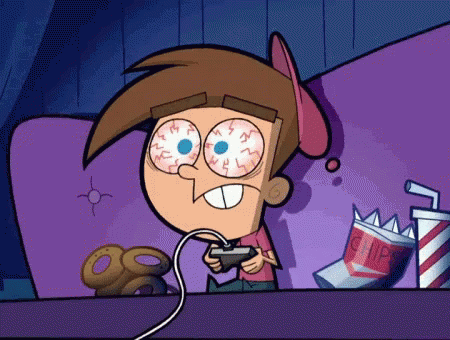 A Cartoon Character Is Playing A Video Game With A Bag Of Chips Behind Him GIF
