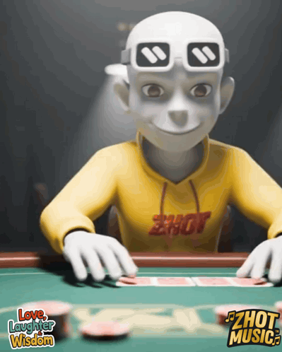 A Cartoon Character Is Playing Poker With The Words Love Laughter Wisdom In The Corner GIF