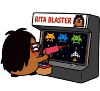 A Cartoon Character Is Playing Rita Blaster On A Video Game Machine GIF