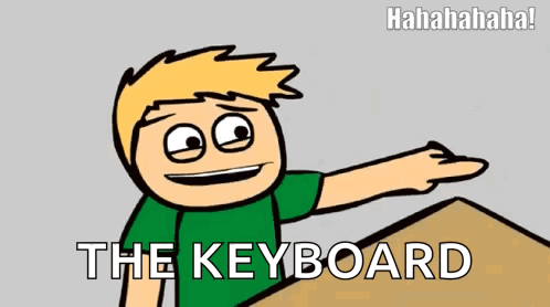 A Cartoon Character Is Pointing At A Keyboard With The Words " The Keyboard " Below Him GIF