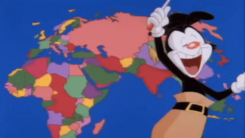 A Cartoon Character Is Pointing At A Map Of The World . GIF