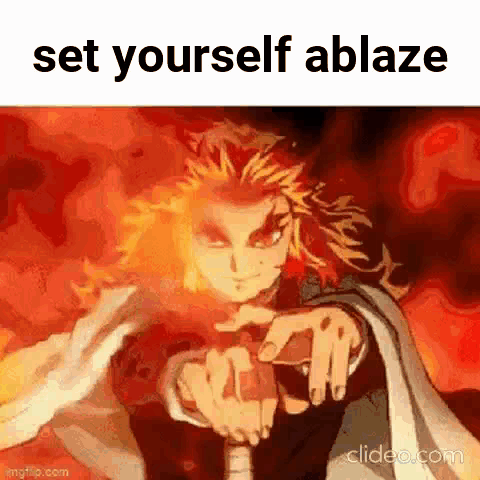 A Cartoon Character Is Pointing At The Camera With The Words `` Set Yourself Ablaze '' Written On The Bottom . GIF
