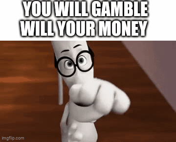 Cartoon Character Pointing With Gamble Your Money Text GIF