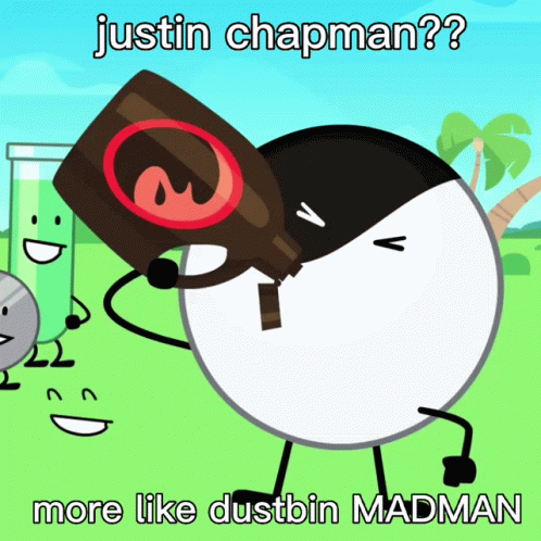 A Cartoon Character Is Pouring A Bottle Of Justin Chapman On Another Character GIF
