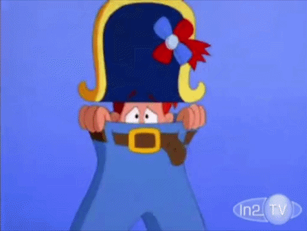 a cartoon character is pulling his pants up to reveal a giant glove .